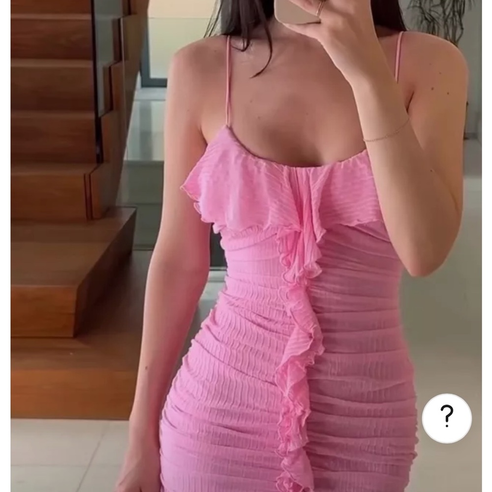 Zara Pink Ruffle Ruched Spaghetti-Strap Mini Dress - Picture 4 of 15